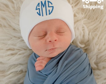 Melondipity Personalized Shadow Stitch White, Blue or Pink  Newborn Hospital Hat For Boys and Girls - Monogramed Hat with Shadow Stitch Hat