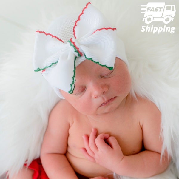 Melondipity Red Green and White Christmas Bow Scallop Trim Bow on White Hospital Hat Newborn Girl Hospital Hat- White Baby Girl Hat - Baby