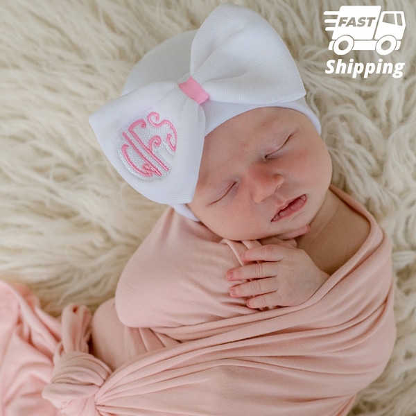 Monogrammed Newborn Girl Hospital Hat: White Bow, Pink Ribbon (Handmade)