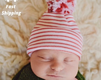 Christmas Newborn Hospital Hat: Candy Cane Striped Beanie with Pom