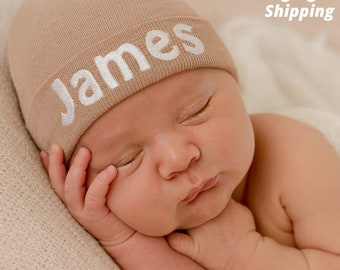 Tan Personalized Newborn Boy Hat- Baby Hospital Hat - Baby Newborn Hat- Newborn Hospital Hat - Personalized Baby Hat - Baby Shower Gift