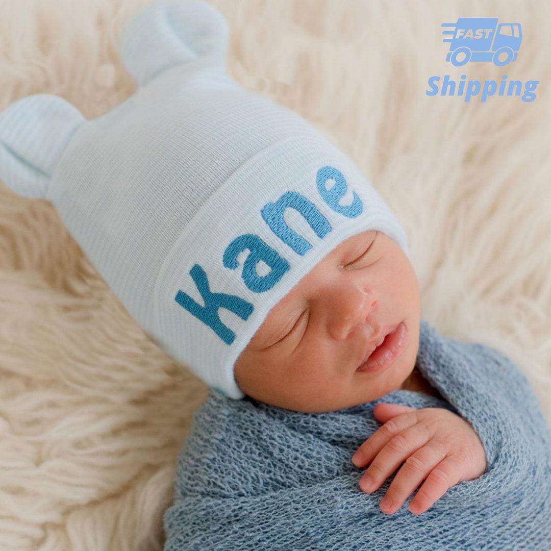 Newborn Baby Boy Bear Hat: Blue & White Striped Hospital Beanie - Etsy