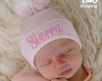 Personalized Pink  Newborn Hospital Hat with Pink & White Pom Pom - Newborn Girl Hospital Hat - Baby Shower Gift