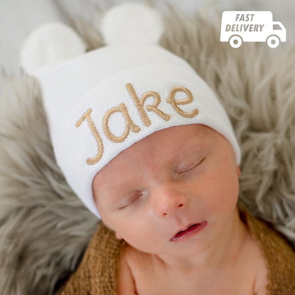 Personalized White or Blue Neutral Fuzzy Bear Ear Newborn Boy Or Girl Hospital Hat For Newborns - White/Blue Fuzzy Ear Newborn Hospital Hat