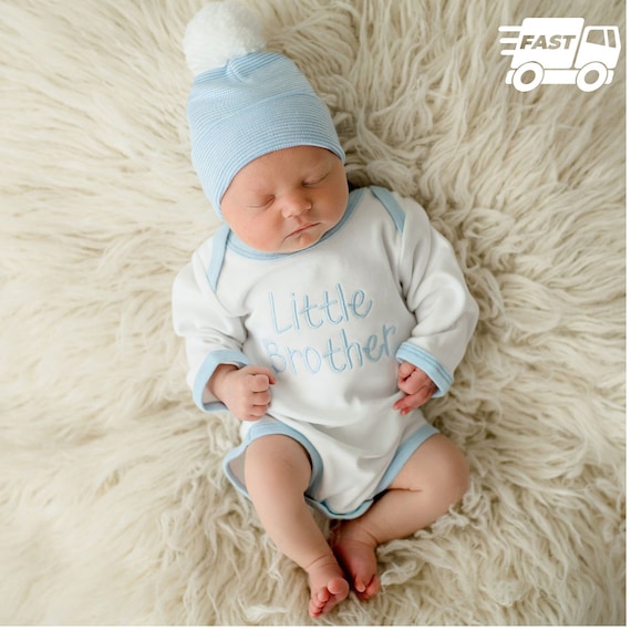 Newborn Boy Hospital Hat Embroidered Onesie Set: Little Brother