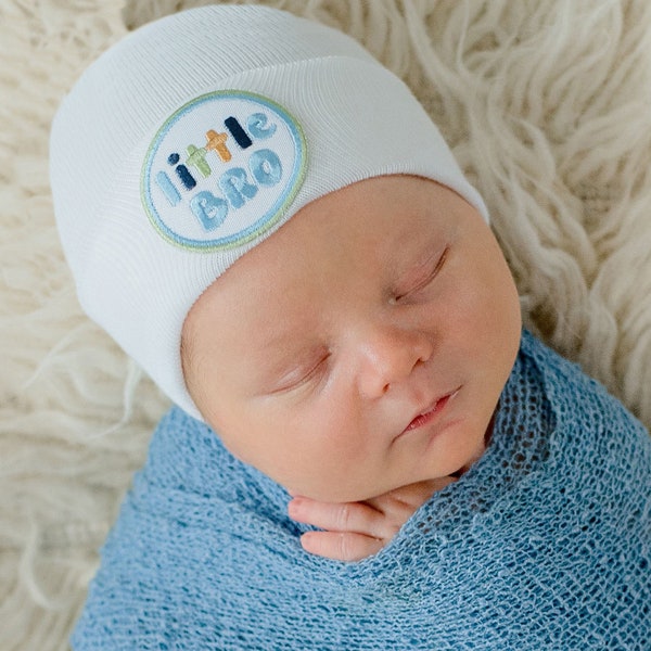 Blue or White Little Bro Newborn Boy Hospital Hat - Perfect Baby Hat for Little Brother, Little Bro, Newborn Nursery Beanie