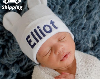 Personalized Newborn Hat, white Bear Hospital Hat, Baby Boy Newborn Hat, Personalized Baby Boy Hat, Newborn hat with Name, White Baby Hat