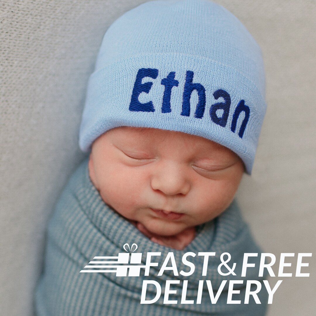 Personalized Baby Boy Hospital Hat: Embroidered Blue Newborn Beanie - Etsy