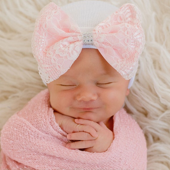 Newborn Girl Hospital Hat: White Beanie With Pink Lace Bow