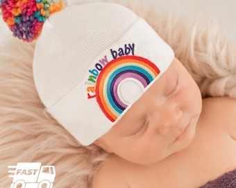 Rainbow Baby Hospital Hat: White Newborn Beanie with Pom Pom