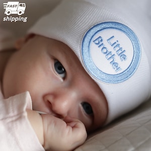 Little Brother Newborn Hospital Hat: White, Blue, Gray Double Ply