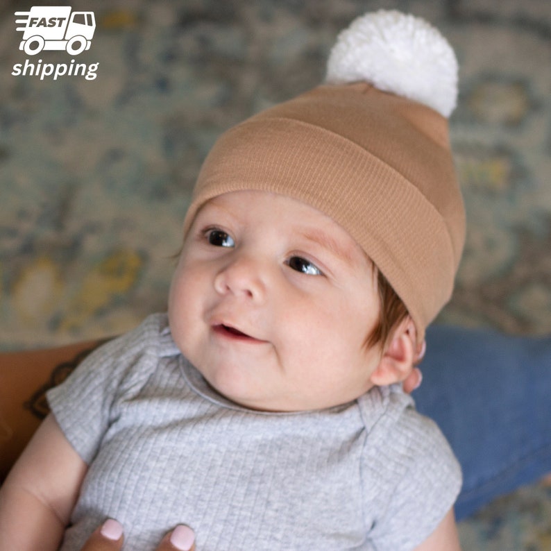 Melondipity Tan Newborn Boy Hospital Hat White Handmade Pom Etsy