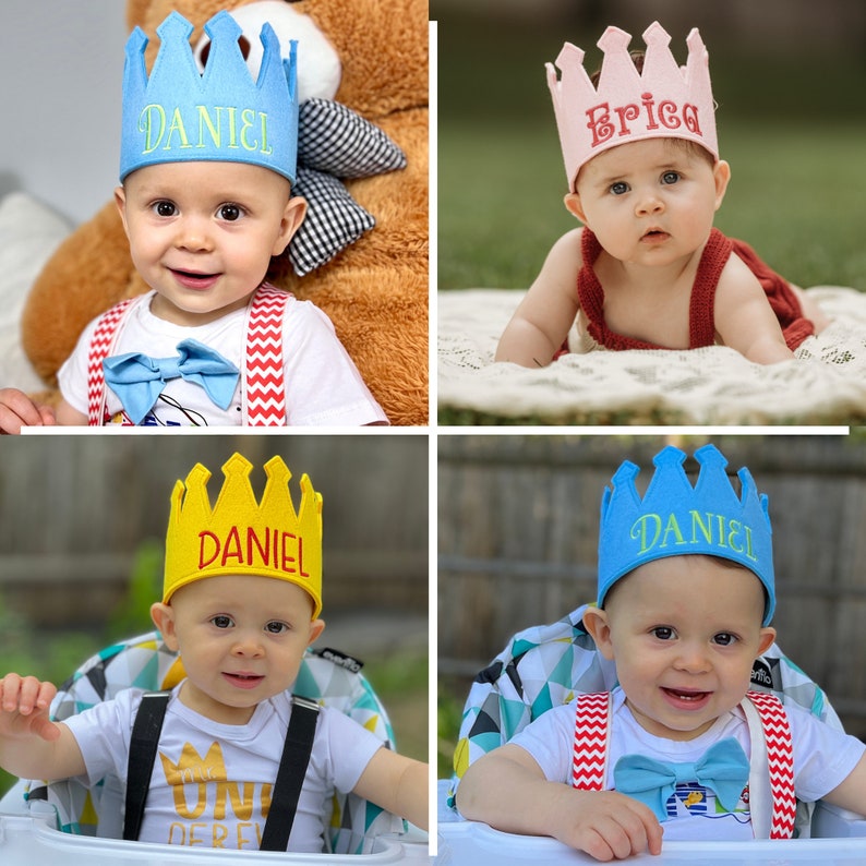 May include: Four babies wearing personalized felt crowns. The crowns are blue, pink, yellow, and blue. The babies are wearing different outfits, including a white shirt with red suspenders, a red shirt, and a white shirt with a graphic.