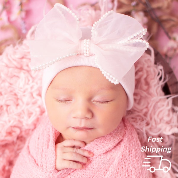 Melondipity Chiffon Bow with Pearl Trim Newborn Girl Hospital Hat - White, Pink or Black Hospital Hat - Newborn Girl Hat Hospital Hat