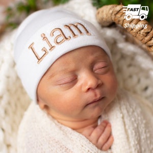 Personalized SHADOW STITCH Newborn Hospital Hat - Gender Neutral Hat - White Hospital Hat with Baby's Name Embroidered -First Hat for Babies