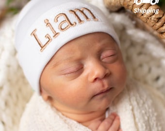 Personalized SHADOW STITCH Newborn Hospital Hat - Gender Neutral Hat - White Hospital Hat with Baby's Name Embroidered -First Hat for Babies