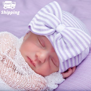Melondipity Light Purple and White Striped Hospital Hat with a Big Bow for Newborn Baby Girls | Double Ply for Extra Warmth and Comfort