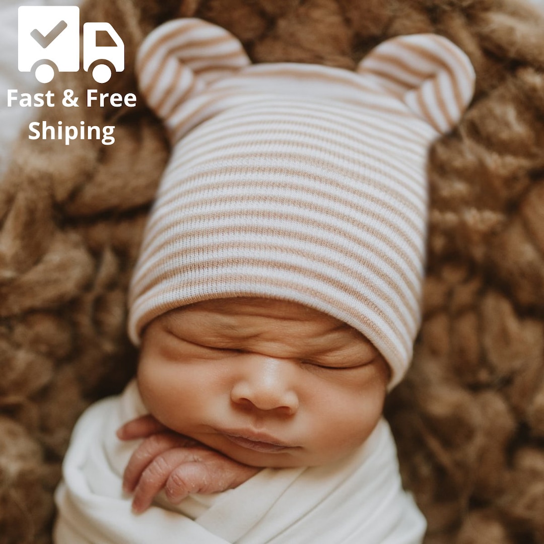 Tan Striped Baby Bear Hospital Hat - Double Ply Newborn Beanie - Etsy