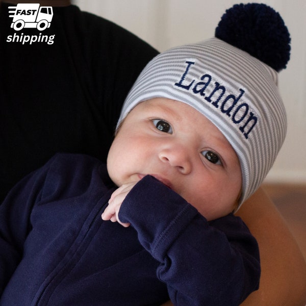 Embroidered Newborn Boy Hospital Hat: Grey Stripes, Navy Pom
