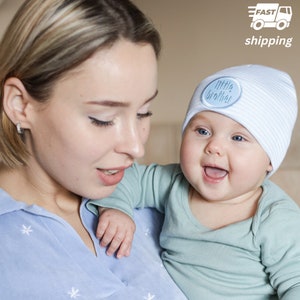 Melondipity Little Brother Patch on Blue and White Striped Hospital Hat for Newborn Boys | Double Ply Fabric for Extra Warmth and Comfort