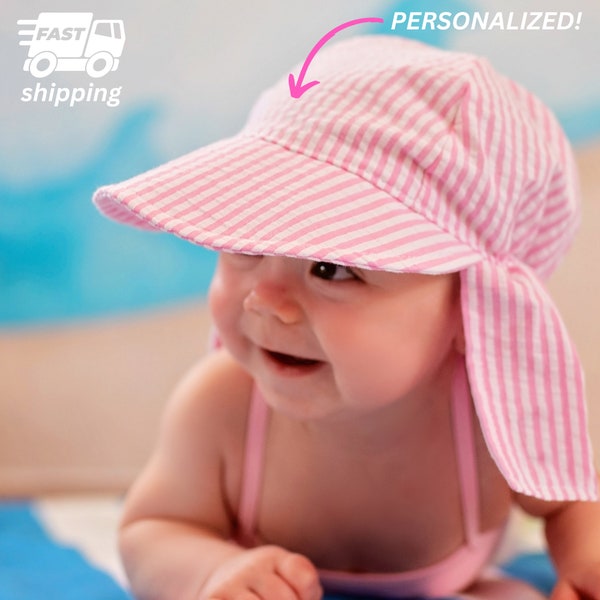 Monogrammed SEERSUCKER Pink and White Baby Sun Hat - Seersucker Toddler Girl Sun Hat - Baby Sun Hat - Monogrammed Hat
