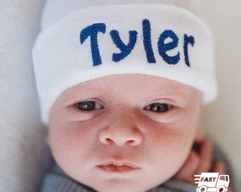 Personalized Newborn Hat, White Hospital Hat, Baby Boy Newborn Hat, Personalized Baby Boy Hat, Newborn hat with Name, White Baby Hat