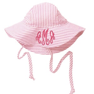 Melondipity Pink and White Wide Brim Seersucker Baby Sun Hat PERSONALIZED Option Baby Girl Sun Hat Seersucker Infant Sun Hat image 4