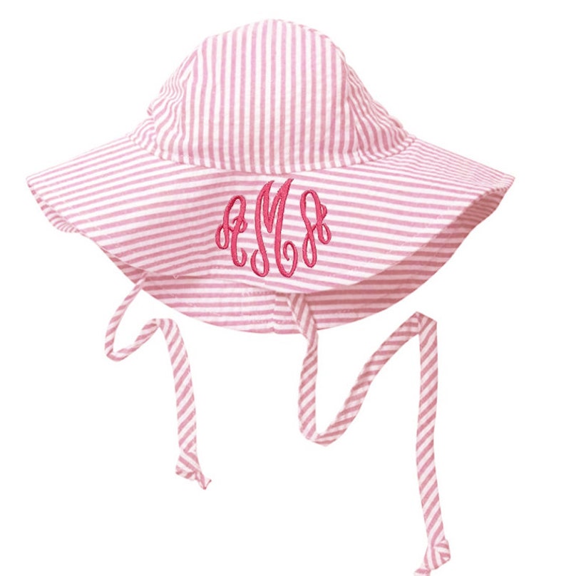 Melondipity Pink and White Wide Brim Seersucker Baby Sun Hat PERSONALIZED Option Baby Girl Sun Hat Seersucker Infant Sun Hat image 4