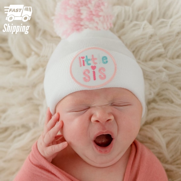 Melondipity White Little Sis Hat with Pink & White Pom Pom Newborn Girl Hospital Hat Baby Girl Hospital Hat - Newborn Girl Nursery Hat