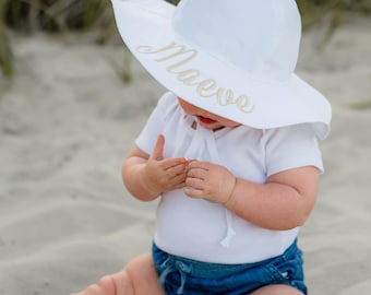 Personalized Baby Sun Hat: Embroidered White Wide Brim, UPF 50+