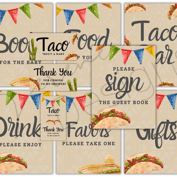 Taco 'Bout a Baby Shower Sign / Tag Bundle - Herunterladbare Drucke, Schilder, Bevorzugung Tags, Essen, Bücher, Geschenke, Getränke, Gästebuch, Taco Bar