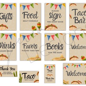 Paquete de letreros y etiquetas para baby shower de Taco 'Bout a Baby Shower: impresiones descargables, letreros, etiquetas de obsequio, comida, libros, obsequios, bebidas, libro de visitas, barra de tacos, bienvenida