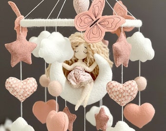 Neutral Blush and Beige Heart Baby Mobile - Baby Girl Mobile - Baby Girl Nursery Mobile - Peach Blush Beige Baby Mobile - Felt Ball Mobile