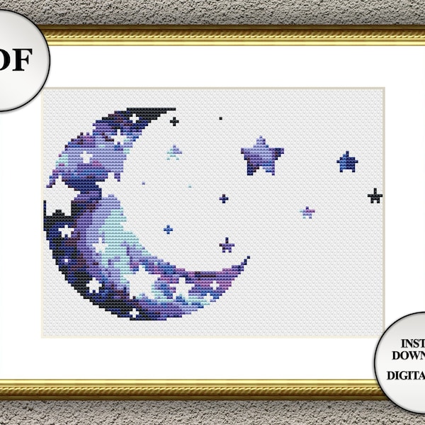 Funny crescent cross stitch pattern moon and stars Nursery wall art Counted cross stitch PDF modern embroidery.