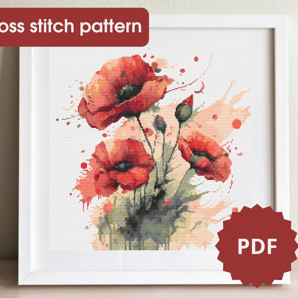 Poppies cross stitch pattern, flower cross stitch chart, PDF