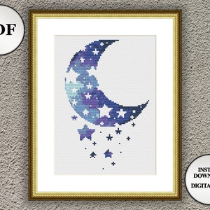 Funny crescent cross stitch pattern moon and stars Nursery wall art Counted cross stitch chart PDF modern embroidery