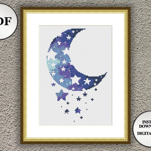 Funny crescent cross stitch pattern moon and stars Nursery wall art Counted cross stitch chart PDF modern embroidery