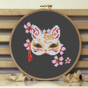 Anime mask cross stitch pattern CAT Counted cross stitch Modern cross stitch chart Sakura ornament PDF funny beginner embroidery