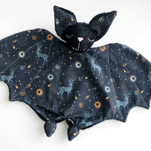 bat plush, bat lovey blanket, witch baby shower gift, moon and stars nursery decor