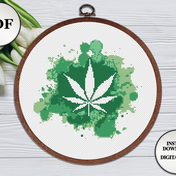 Hemp leaf cross stitch pattern marijuana plant Funny blot watercolor silhouette botanical modern embroidered wall art DIY PDF download