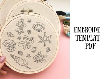 Fish embroidery pattern PDF, printable template for hand embroidery, shells embroidery design