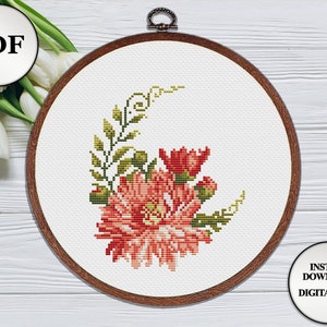 Funny crescent cross stitch pattern Chrysanthemums Nursery wall art Counted cross stitch chart PDF modern embroidery.