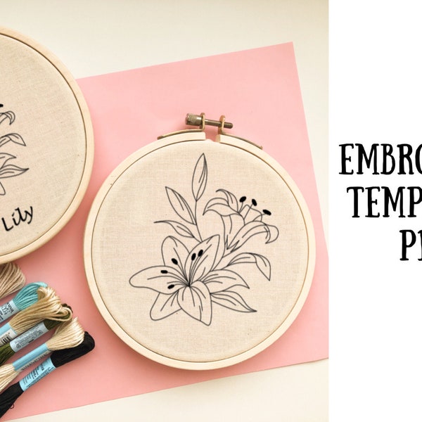 Lily embroidery pattern PDF, printable embroidery template, may birth flower embroidery design