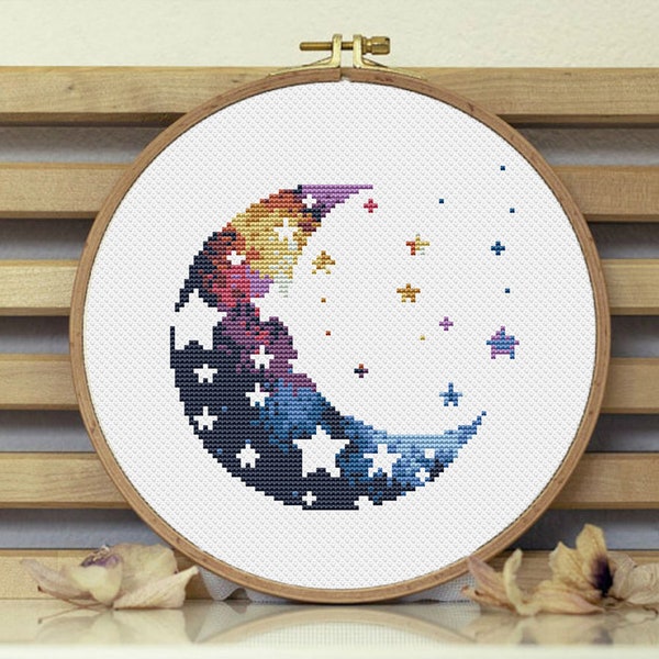 Funny crescent cross stitch pattern moon and stars Nursery wall art Counted cross stitch chart PDF embroidery