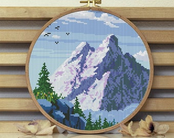 Mountains cross stitch pattern landscape Nature embroidery Forest cross stitch picture Modern landscape patterns Download PDF