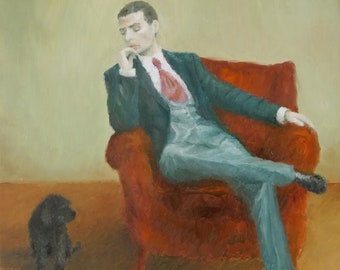 What will happen to you? Portrait of a gentleman and a dog, Contemporary painting, Luxurious friendship, Elegant modern art, Black dog,