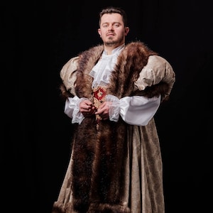 Traje de noble, traje completo de rey renacentista, traje completo de rey real con piel, abrigo largo renacentista para hombre, abrigo largo vintage medieval