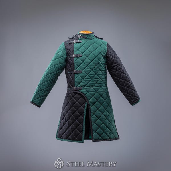 Gambesón medieval largo de algodón en verde y negro / Armadura acolchada para LARP para recreación histórica y ferias renacentistas