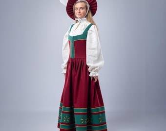 Vestido medieval de lã, Vestido de lã para senhora lansquenet, Traje histórico feminino, Vestido de lã para mulher lansquenet, Vestido renascentista