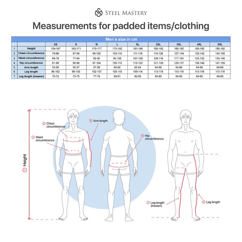 May include: A diagram showing the measurements for different sizes of clothing. The diagram shows a man standing with measurements labelled for height, chest circumference, waist circumference, hip circumference, arm length, and leg length.